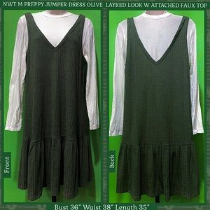 NWT M MINIMALIST FALL PREPPY JUMPER DRESS OLIVE  LAYRED LOOK W ATTACHED FAUX TOP